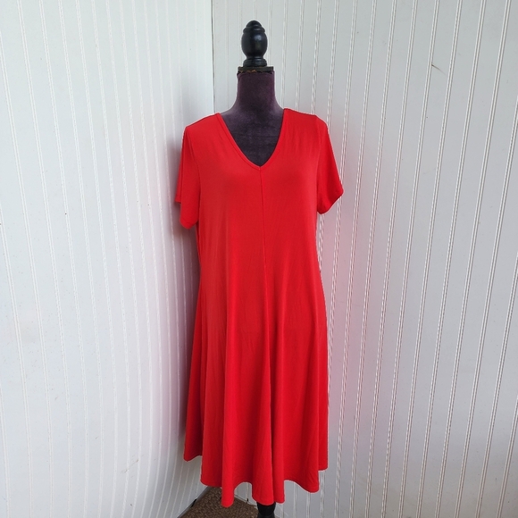 Roman Womens 14/16 M Stertch Red Jersey Comfort  MIDI Dress Short Sleeve V- Neck - Picture 1 of 9